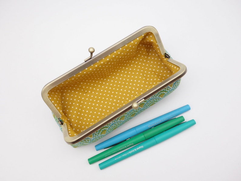 Kisslock pencil case Blue, green and golden scallops Closure through long metal frame for easy acces to contents image 3