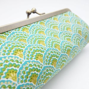 Kisslock pencil case Blue, green and golden scallops Closure through long metal frame for easy acces to contents image 6