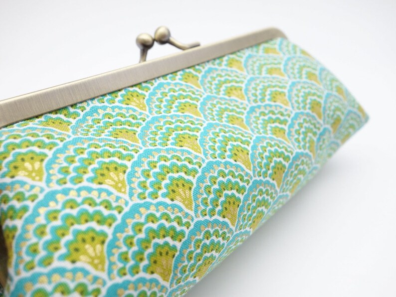 Kisslock pencil case Blue, green and golden scallops Closure through long metal frame for easy acces to contents image 6