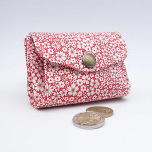 Porte-monnaie compact à 3 compartiments en tissu renforcé, Liberty Tana Lawn rouge et blanc, pochette de rangement pour cartes