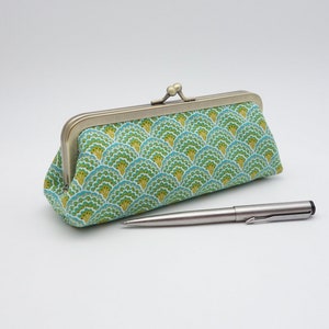 Kisslock pencil case Blue, green and golden scallops Closure through long metal frame for easy acces to contents image 1