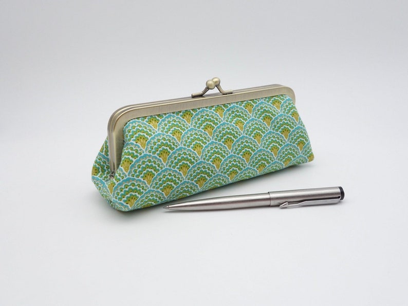 Kisslock pencil case Blue, green and golden scallops Closure through long metal frame for easy acces to contents image 1