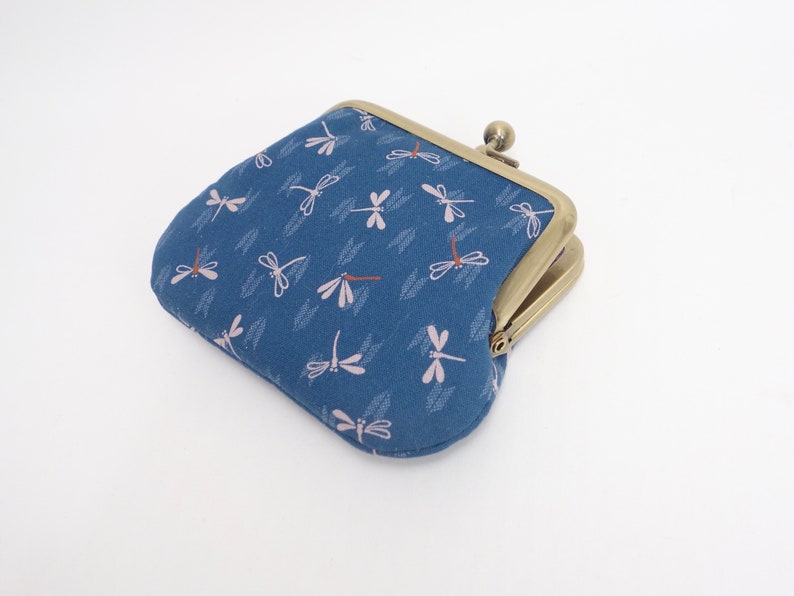 Dragonfly japanes fabric kisslock change purse with 2 sections metal frame coin purse