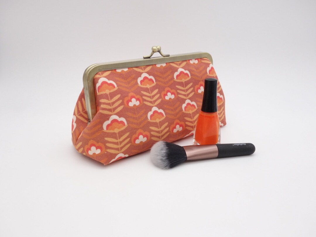 Metal Frame Pouch Happy Seventies Inspired Orange Fabric Kisslock Makeup Bag Small Storage With Clasp Etsy