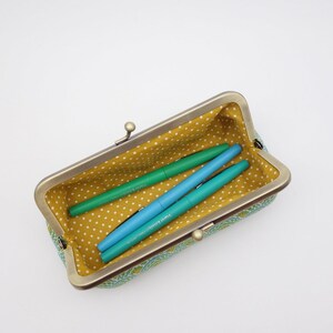 Kisslock pencil case Blue, green and golden scallops Closure through long metal frame for easy acces to contents image 4