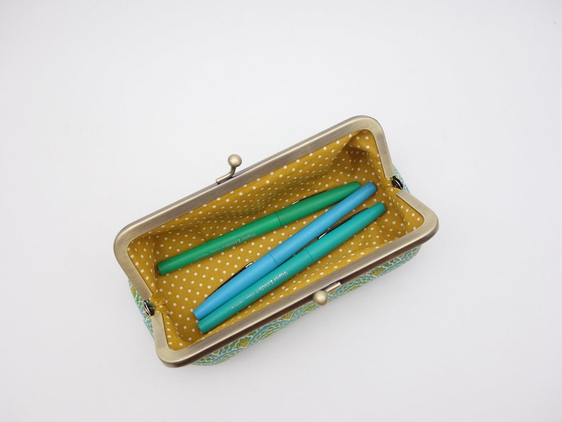 Kisslock pencil case Blue, green and golden scallops Closure through long metal frame for easy acces to contents image 4