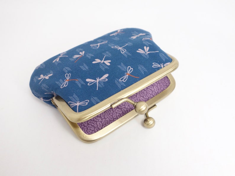 Dragonfly japanes fabric kisslock change purse with 2 sections metal frame coin purse