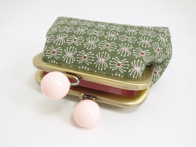 Little kisslock purse with big bobbles small multipurpose storage Kaki and light pink