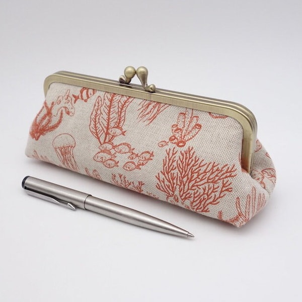 Pencil case with clasp, underwater landscape printed on linen, algae, fishes & jellyfish