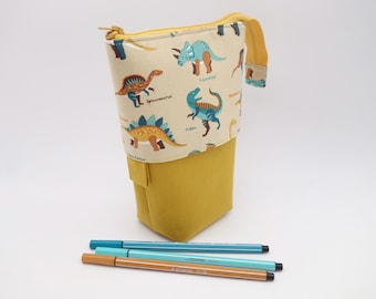 Estuche vertical desplegable amarillo con dinosaurios, portalápices de viaje, estuche grande y práctico