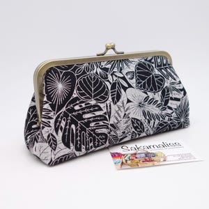 Metal Frame Makeup Bag, Black & White Leaf Print, Kiss Lock Storage Pouch , Stationery or Art supply case, Hand Crafted Gift for Her