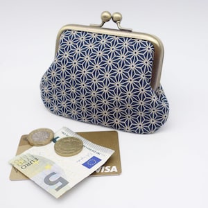 Porte-monnaie à fermoir en tissu japonais asanoha bleu nuit et beige, 2 sections pour cartes et monnaie