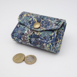 Portemonnee met 3 vakken, gebloemde Liberty-stof, blauw, mosterd en bruin