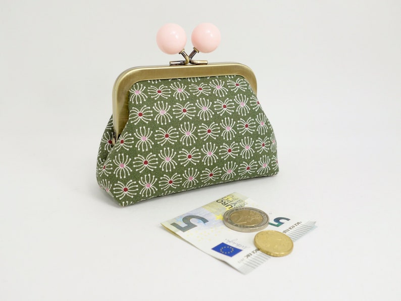 Little kisslock purse with big bobbles small multipurpose storage Kaki and light pink