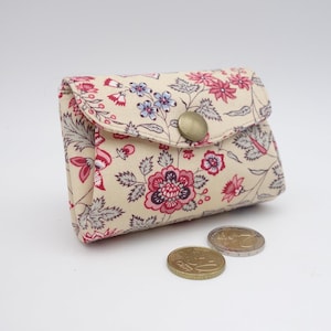 Porte-monnaie en tissu renforcé, coton imprimé de grande qualité, fleurs des champs sur fond crème, 3 compartiments pour cartes et monnaie