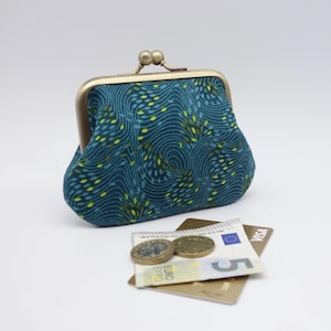 Porte-monnaie bleu canard à fermoir double, 2 compartiments aux couleurs contrastées pour cartes et espèces, tissu moderne