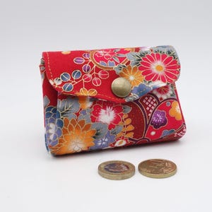 Porte-monnaie à 3 compartiments en tissu japonais rouge inspiré des kimonos, petit portefeuille compact en accordéon