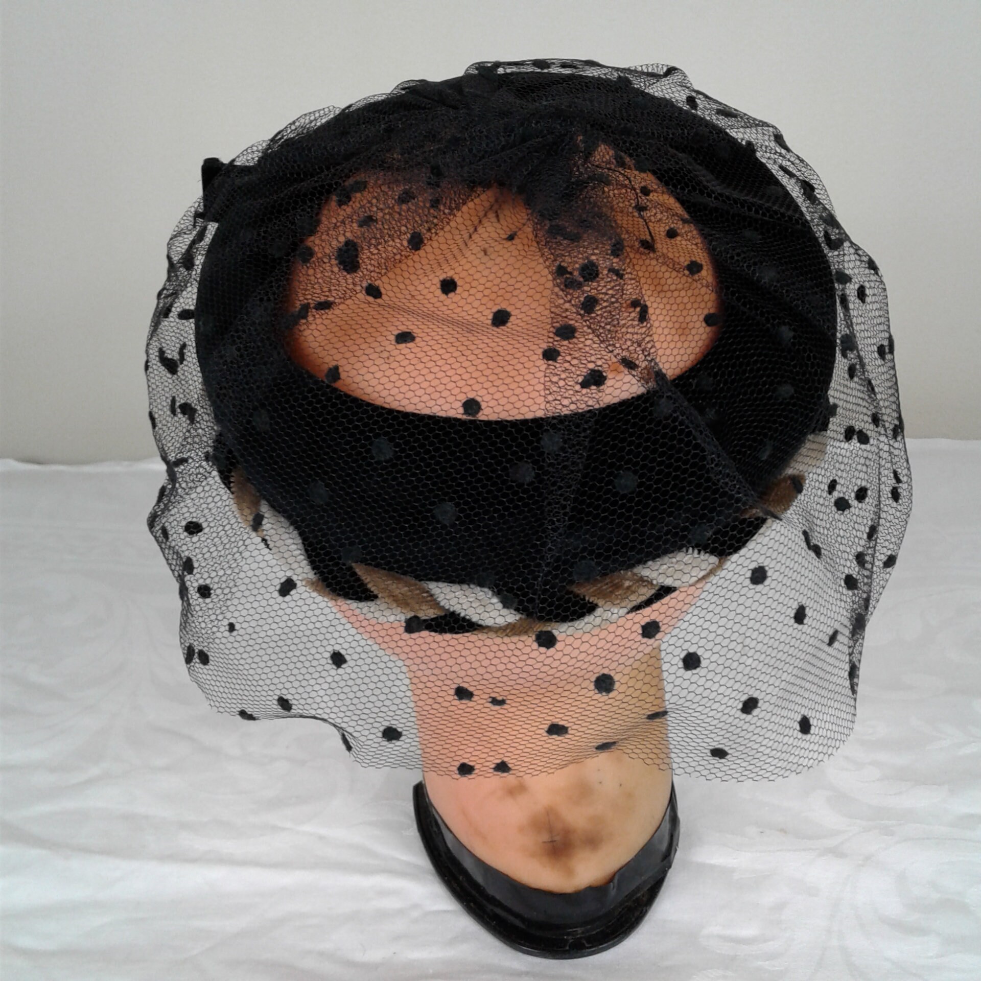 Vintage Black Pillbox Hat United Hatters Union Made Polka Dot Netting Tulle MCM 50s Union Made - Etsy main image 2