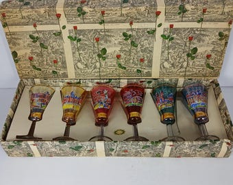 Vintage DECOR Italian Souvenir Glasses Set of 6 Rome Landmarks Gold Trim Box