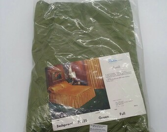 Vtg Green Quilted Top Full Size Bedspread Shirred Gathered Flounce In Package