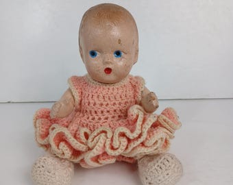 Vintage Composition Baby Doll Jointed with Pink Crocheted Dress and Booties 9"