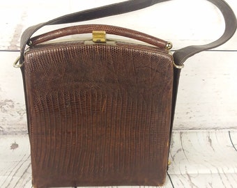 Vintage 1940s Reptile Leather Brown Purse Top Handle Brass Frame