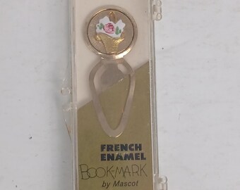 Vintage French Enamel Flower Basket Bookmark by Mascot Hand Polished Gold Plated