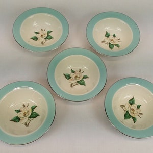 Vtg Lifetime China Turquoise Magnolia 6 In Dessert Fruit Berry Bowls Lot Of 5