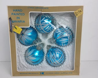 5 Kmart Glass Christmas Tree Ball Ornaments Hand Painted Bavaria W Germany w/Box