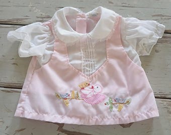 Vintage Infant Baby Girls Pink White Embroidered Top Dress 0-6 Months