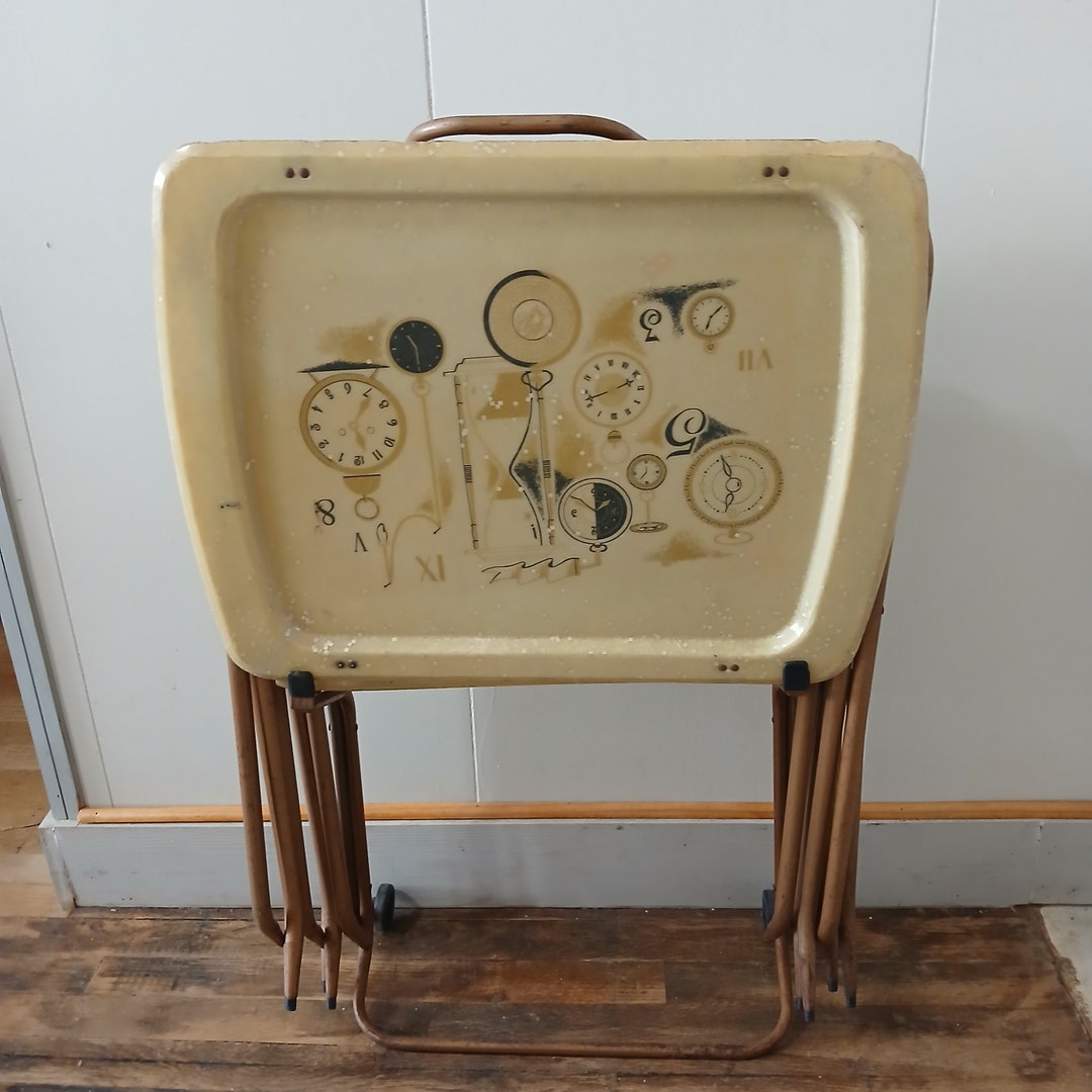 Vintage Fiberglass TV Tray Set of 4 W/rolling Stand Cart Clocks Glitter Etsy