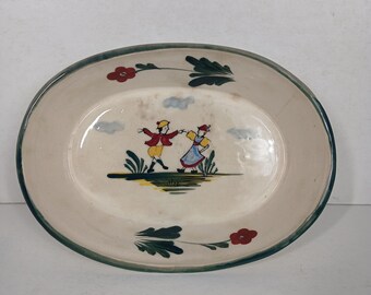 Vintage Hand Painted Oval Ceramic Bowl Boy & Girl Dancing Made In Japan