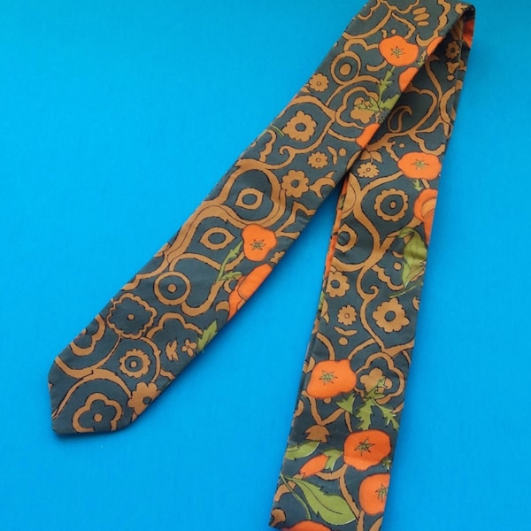 Vintage Floral Paisley Sash Tie Belt Handmade Orange Gray Green