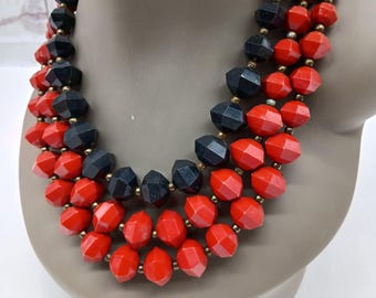 Alma Mater Collection Red Black 3 Stand Layered Bib Necklace Chunky Statement