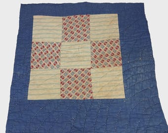 Vintage Cutter Quilt Piece 20 1/2" x 21" Hand Stitched Blue Red Green