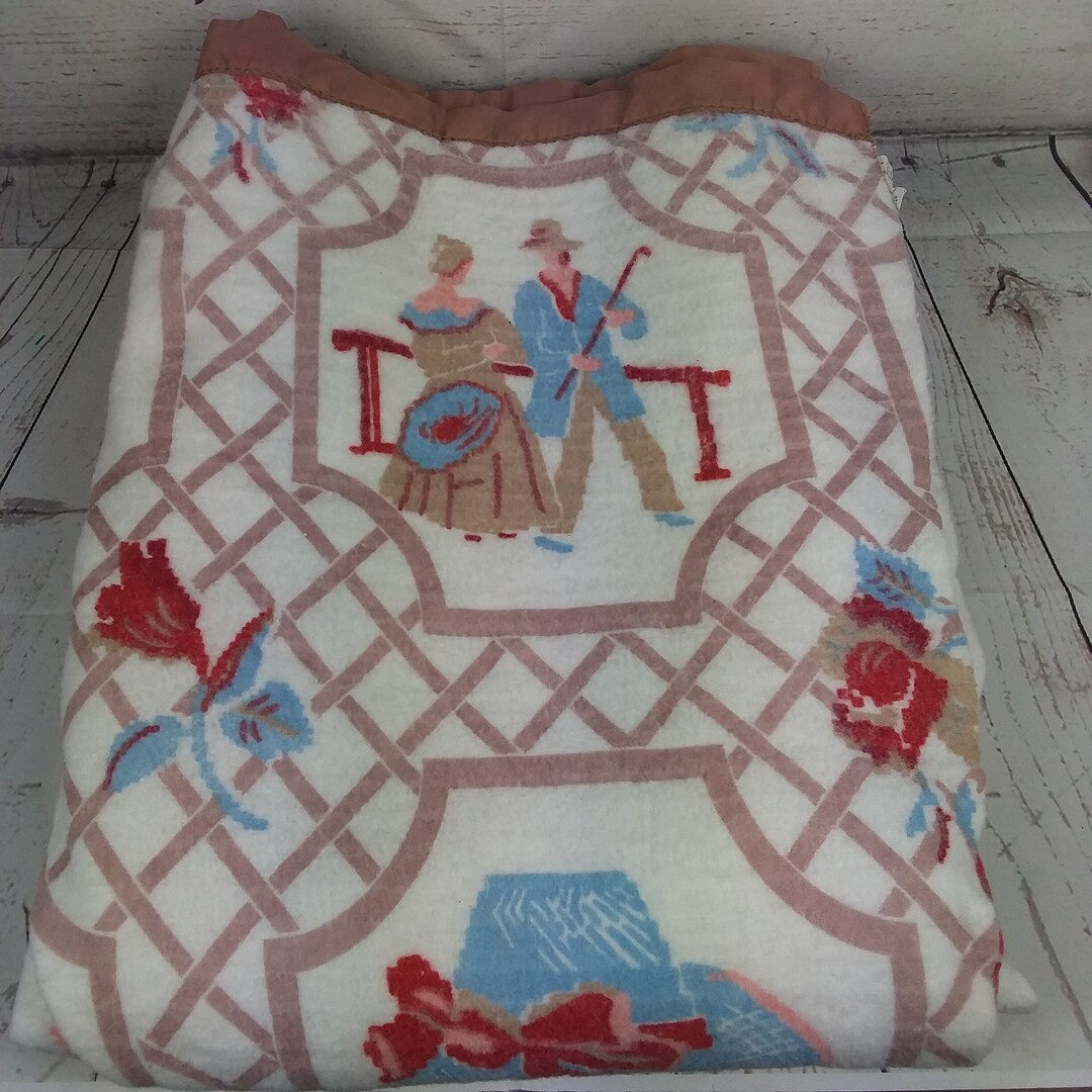 Vintage Acrylic Blanket Twin Satin Trim Binding Bedding Lattice Farm Heart Pheasant Etsy