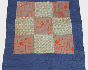 Vintage Cutter Quilt Piece 18" x 21" Hand Stitched Blue Red Green