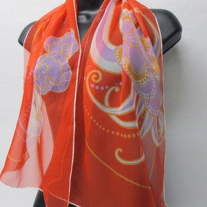 Vintage 1960&#39;s Oblong Red Multi Color Abstract Sheer Vinal Scarf Hand Rolled Japan 45&quot; x 15&quot;