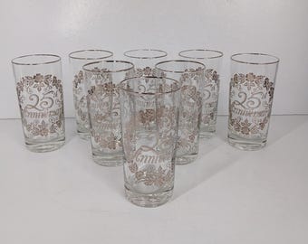 Vtg 25th Silver Wedding Anniversary Drinking Glass Tumbler Set Of 8 Silver Rim