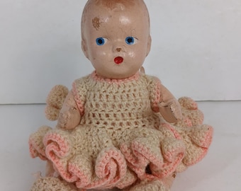 Vintage Composition Baby Doll Jointed with Crocheted Dress and Booties 9"
