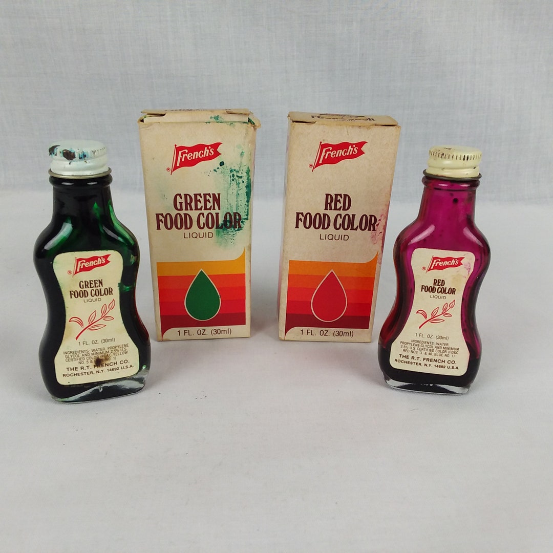 Vintage French's Food Coloring Glass Bottles Red Green W/boxes Display