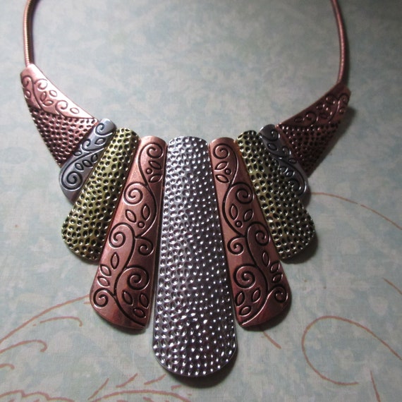 Mixed Metal Bib Necklace Copper Brass Silver - image 1