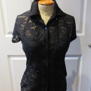 Vintage Black Lace Short Sleeve Blouse with Sequins Small