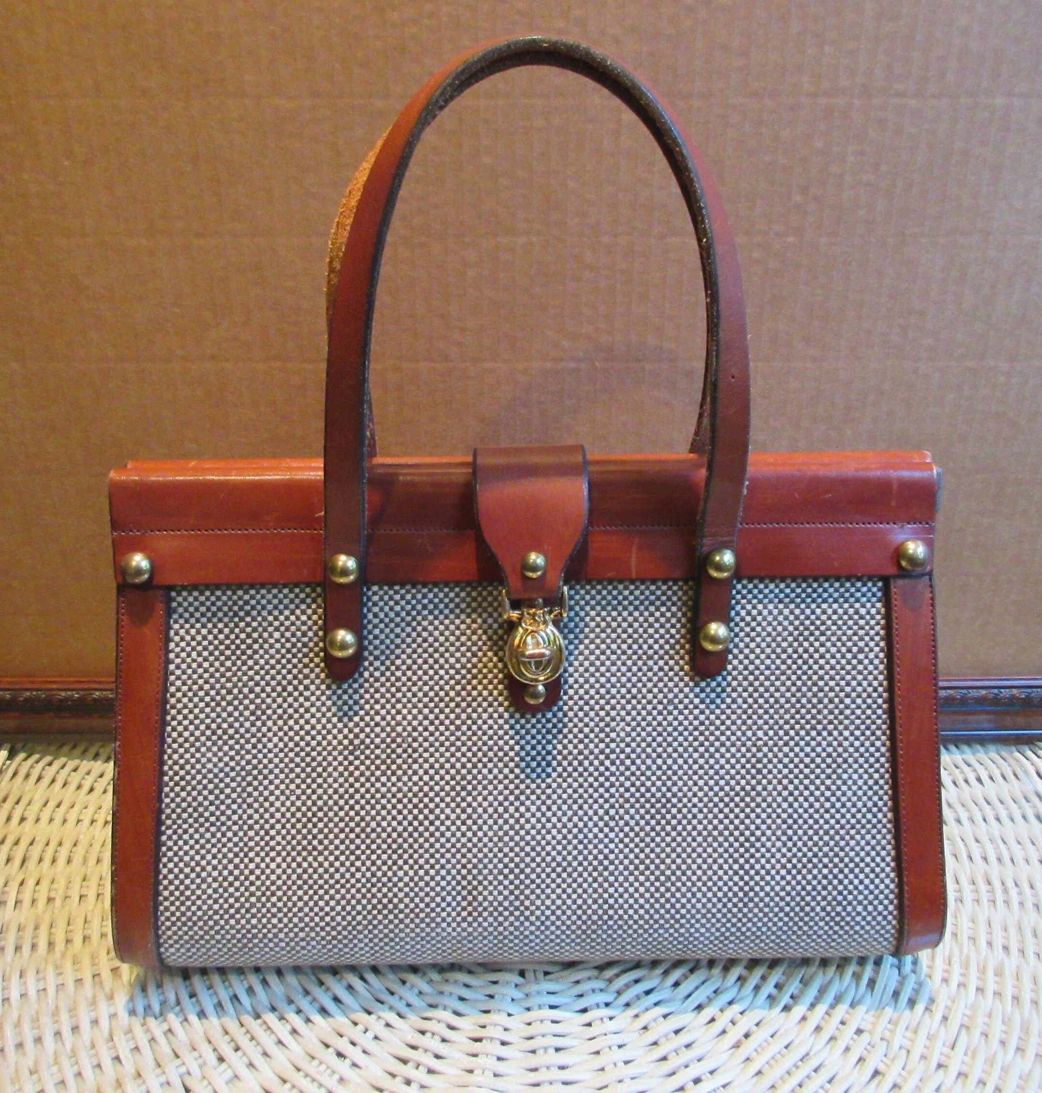 Vintage John Romaine 60 s 70 s Tweed Leather Satchel Hardbody Handbag Etsy