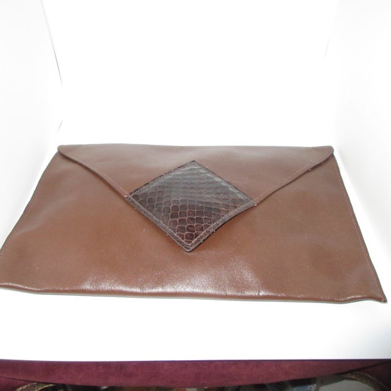 Vintage Brown Leather Clutch Bag with Reptile - image 2