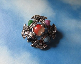 Vintage Silver Tone Celtic Brooch with Multi Color Stones