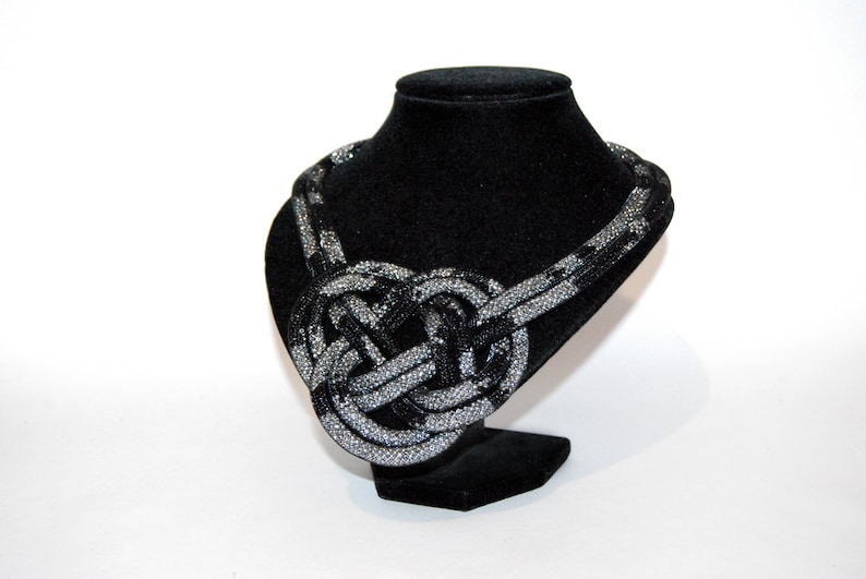 Seed bead mesh necklace. Black and silver mesh handmade Etsy