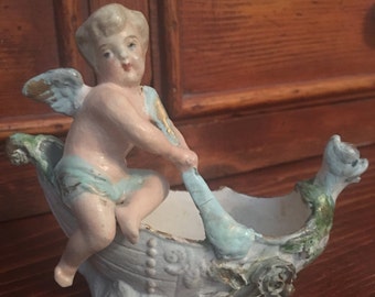 Vintage Porcelain/Bisque Cherub Boy on Gondola with Sweet Dragon Head, Blue Patina with Gold or Gilt Accents