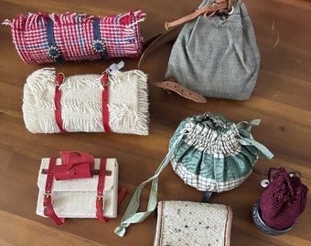 SEVEN (7) Antique Fashion Doll Accessories: Blankets, Backpacks, Purses Sold as Set Only