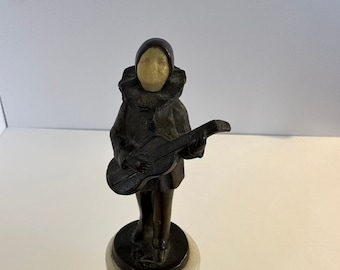 Antique Bronze Art Deco Jester with Bakelite Face, Playing Mandolin on Marble Base